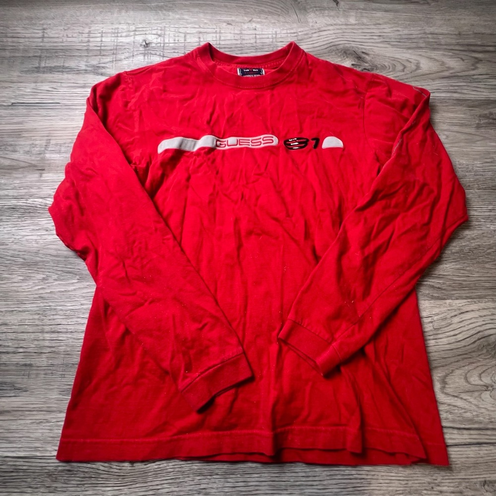 Guess Long Sleeve Shirt Mens Medium Red Graphic Logo Y2K Streetwear Tee‎